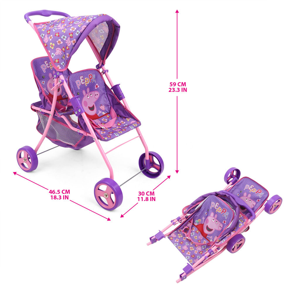 Peppa Pig Floral Twin Doll Stroller - Pink & Purple, Ages 3+ - Image 3