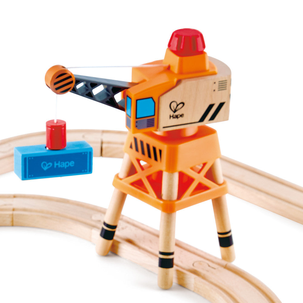 Hape - 32pc Wooden Train Cargo Railroad Yard - Crossing & Crane Set - Image 3