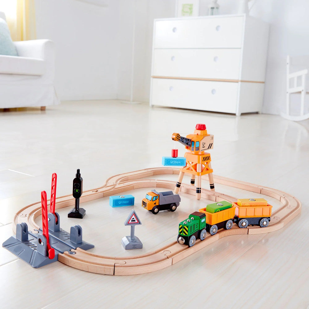 Hape - 32pc Wooden Train Cargo Railroad Yard - Crossing & Crane Set - Image 5