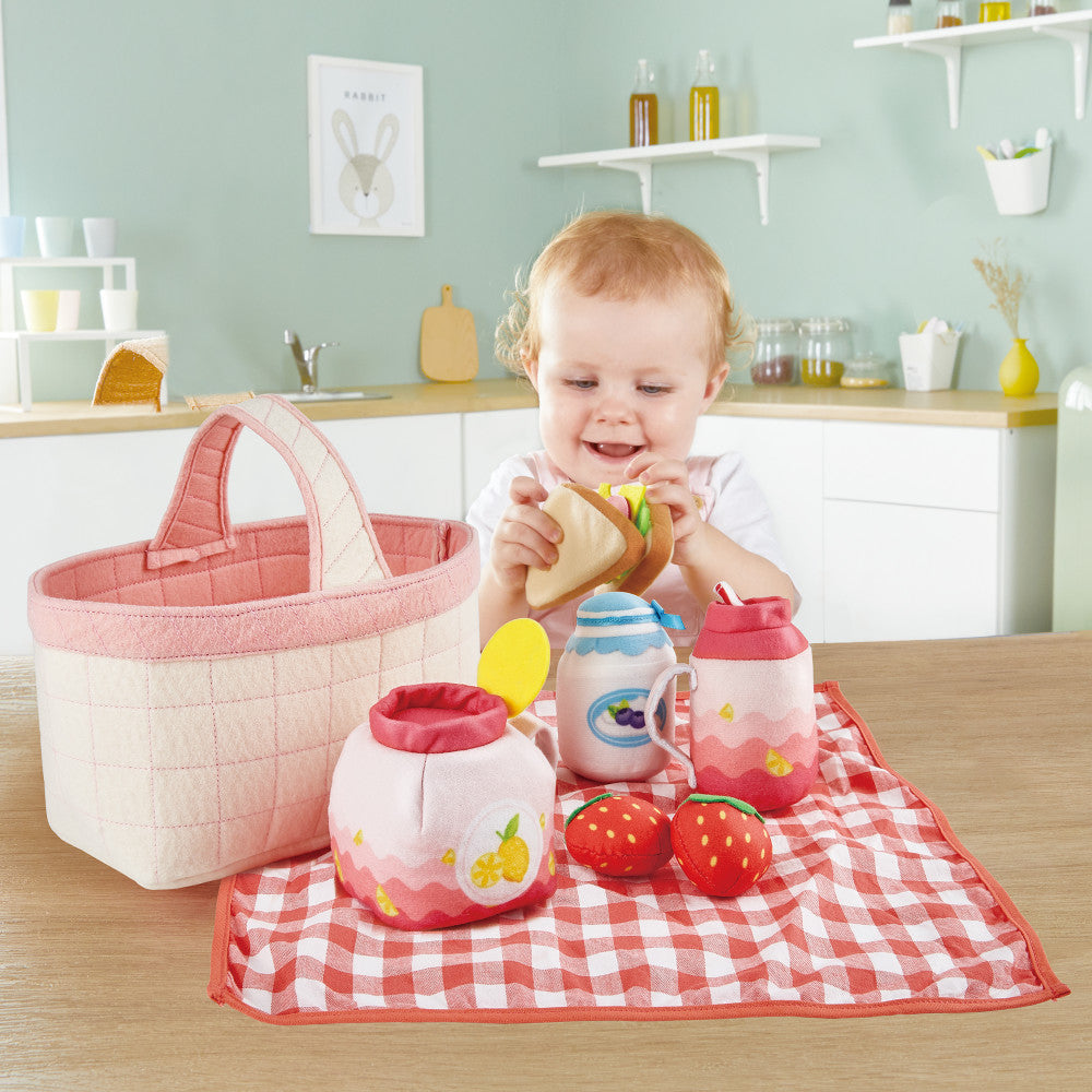 Hape 9-Piece Toddler Picnic Basket Set - Soft Toy Food & Blanket - Image 3