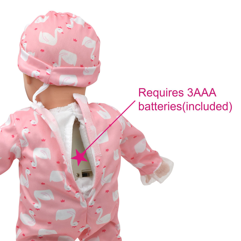 Little Darlings 14-inch Kiss N Tickles Baby Doll - Pink Swan Onesie - Image 2