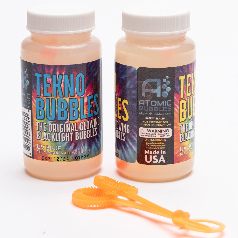 Atomic Bubbles Tekno Bubbles - UV Reactive Glowing Bubbles, 2 Pack (Gold & Blue) - Image 2