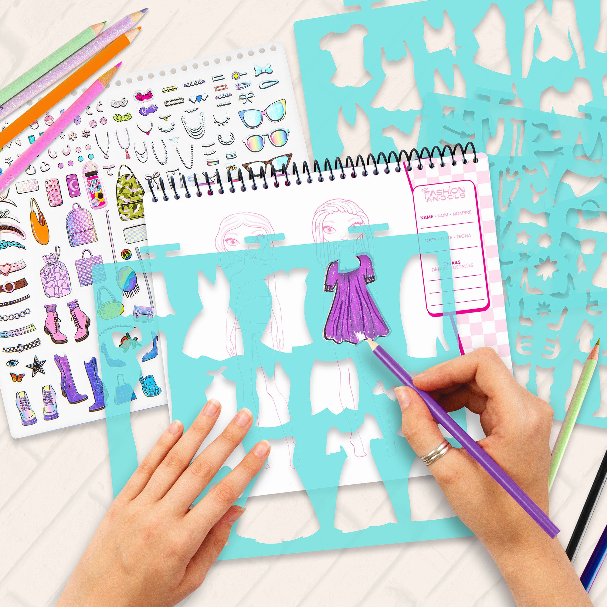 Creative Kids Fashionista Sketch Portfolio Set with Stencils, Stickers, and Markers - Image 4