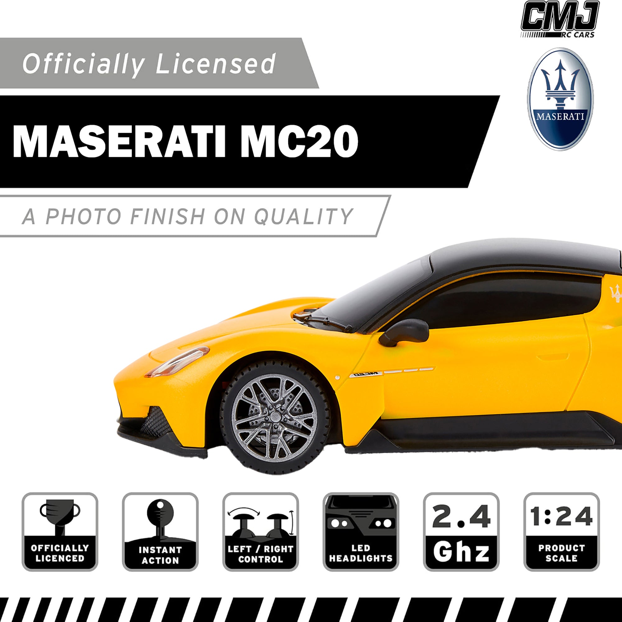 CMJ RC Cars: Maserati MC20 - 1:24 Scale Yellow Radio Control Sports Car with LED Headlights - Image 3