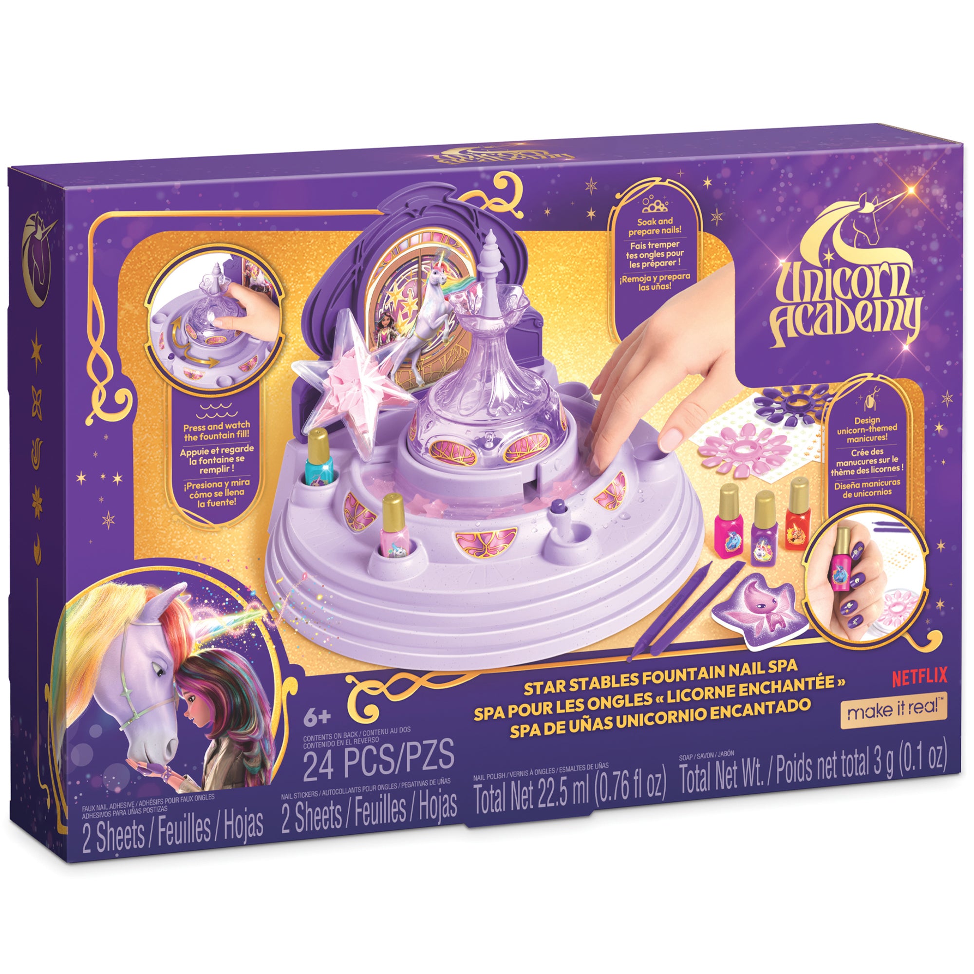 Make It Real Unicorn Academy Star Stables Fountain Nail Spa Kit ?C Bubble Soak, Polish & Glow Decals